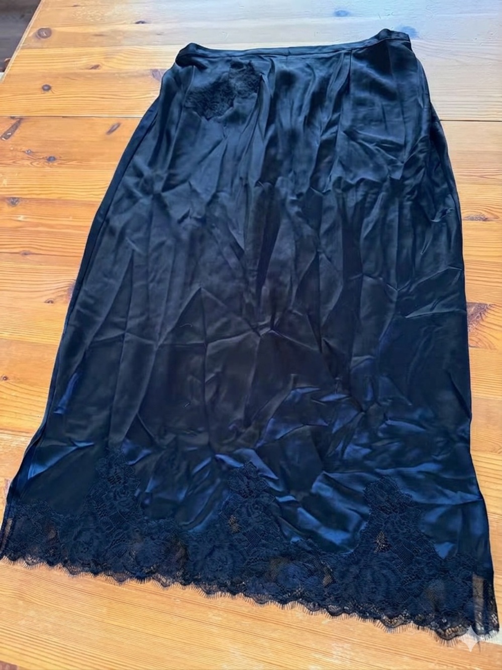 Victoria's Secret Black Satin Midi Slip Skirt with Lace Trim